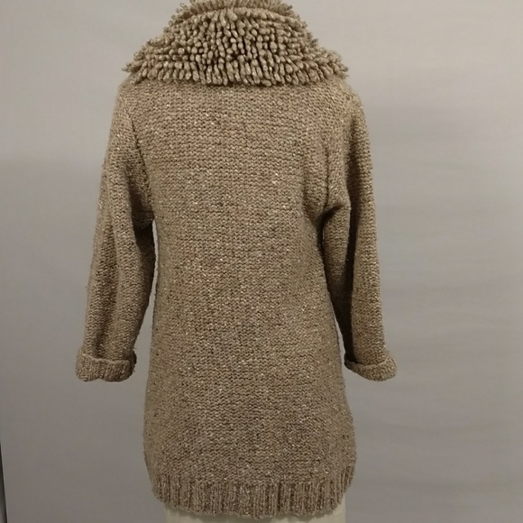 Irish Sweater Jacket Cardigan Coat Natural Neutral Fun Shaggy Collar frt Pockets - Picture 4 of 8